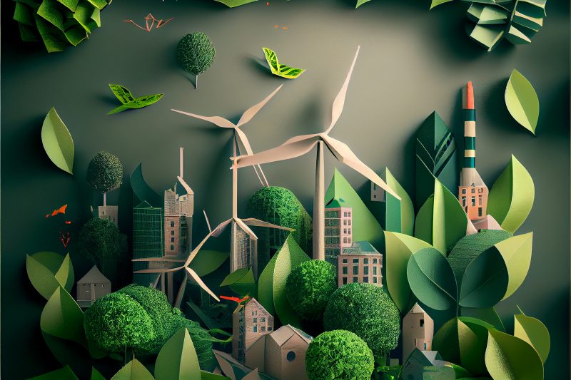 Mock up green city layout with paper, alternative energy. Generative AI.