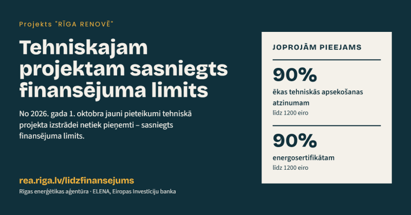 Projektā “Rīga renovē” no 2026. gada 1. oktobra jauni pieteikumi tehniskā projekta izstrādei vairs netiek pieņemti, jo ir sasniegts finansējuma limits